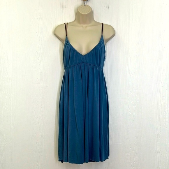 Free People - Blue V Neck With Brown Suede Spaghetti Straps Mini Dress Medium - Picture 1 of 11